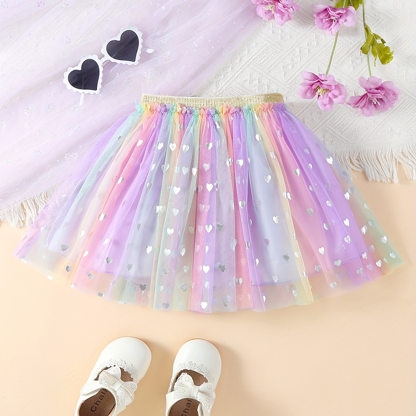 

Girls Dreamy Sequin Tutu Skirt Heart Sequin Decor Princess Mesh Skirt For Summer Party Birthday Dance