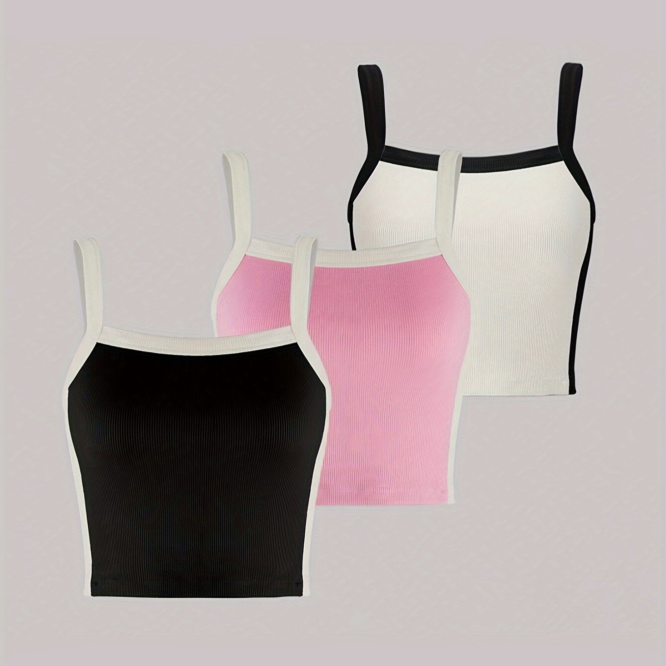 

3pcs Contrast Trim Cami Top, Casual Sleeveless Crop Top For Spring & Summer, Women's Clothing