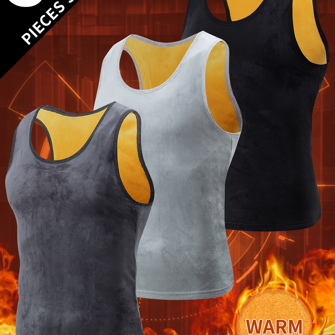 

3-pack Men's Warm Fleece Tank Tops, Casual Crew Neck, Solid Color, , Slight Stretch Knit Fabric, Polyester, Double-sided Velvet-lined Base Layer Golden Armor Vest,