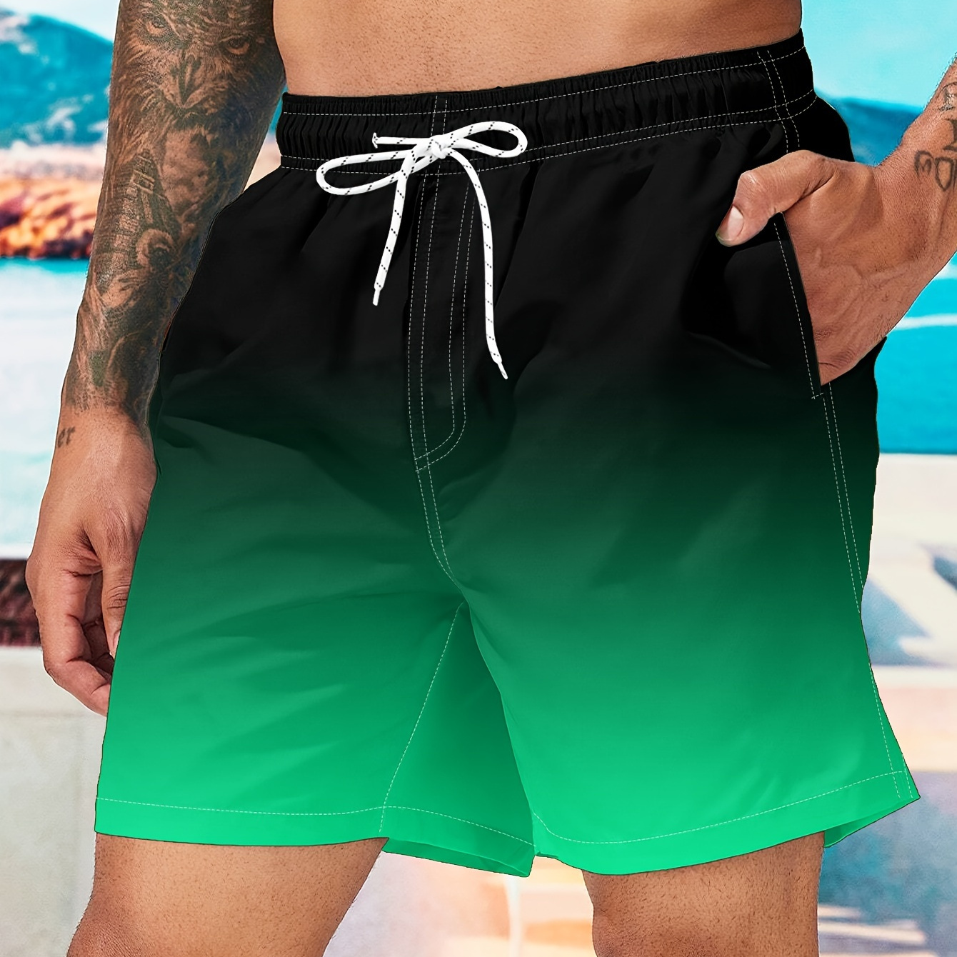 

Gradient Color Men's Board Shorts With Drawstring And Pockets, Casual And Stylish Shorts For Summer Daily And Beach Holiday Wear