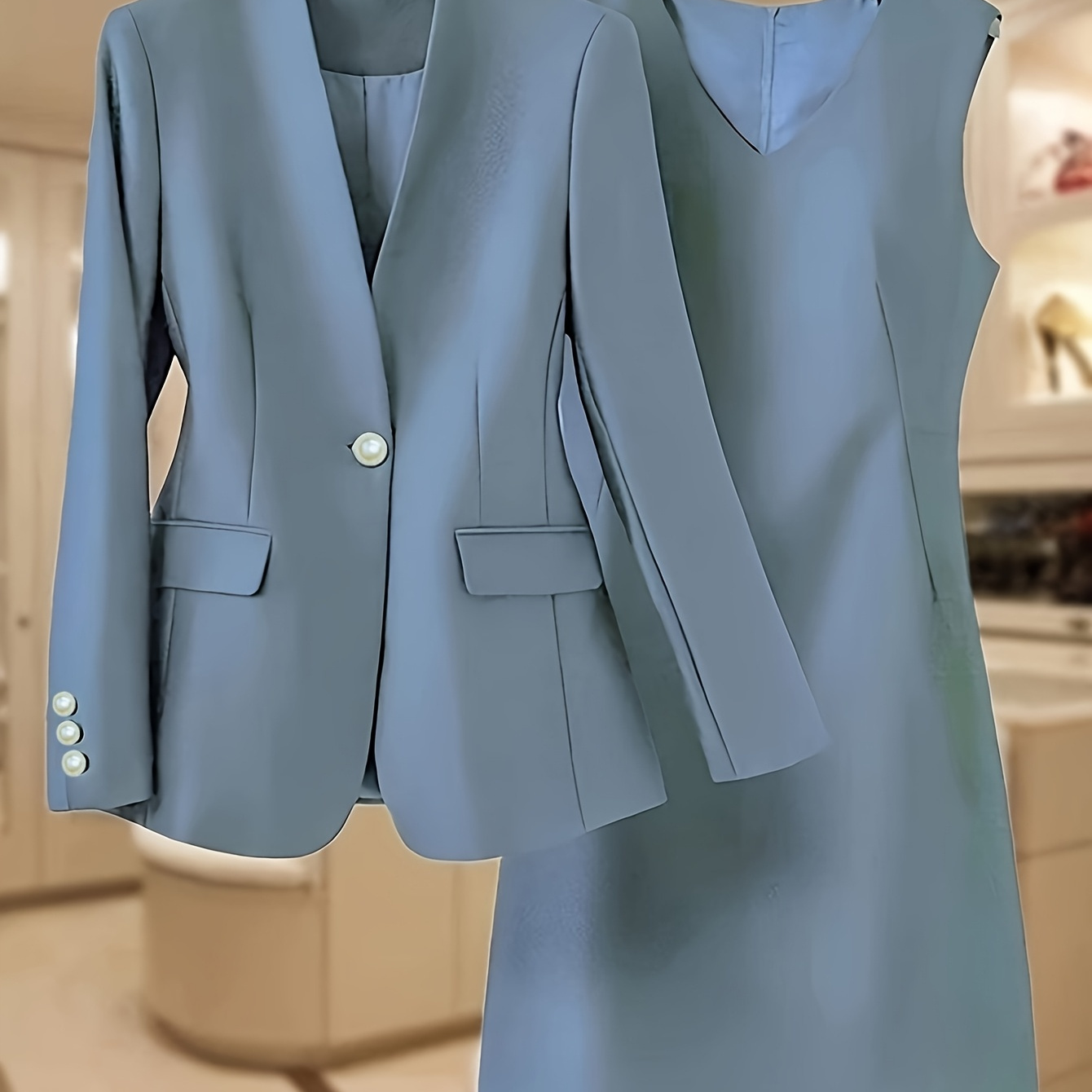 

A Stylish And Elegant Two-piece Set Featuring A Solid Color Blazer And A V-neck Dress.