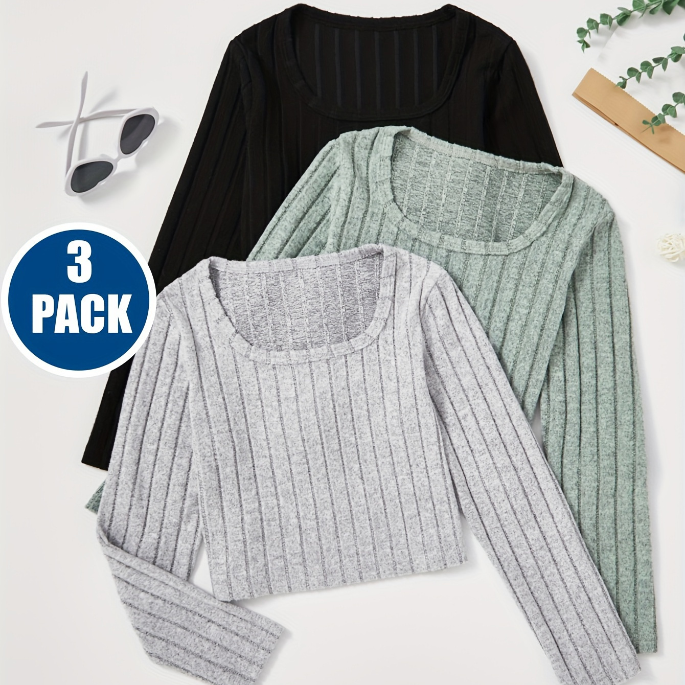 

Girls 3pcs Solid Ribbed Knit Long Sleeve T-shirt Set Spring Fall Gift 8-11y