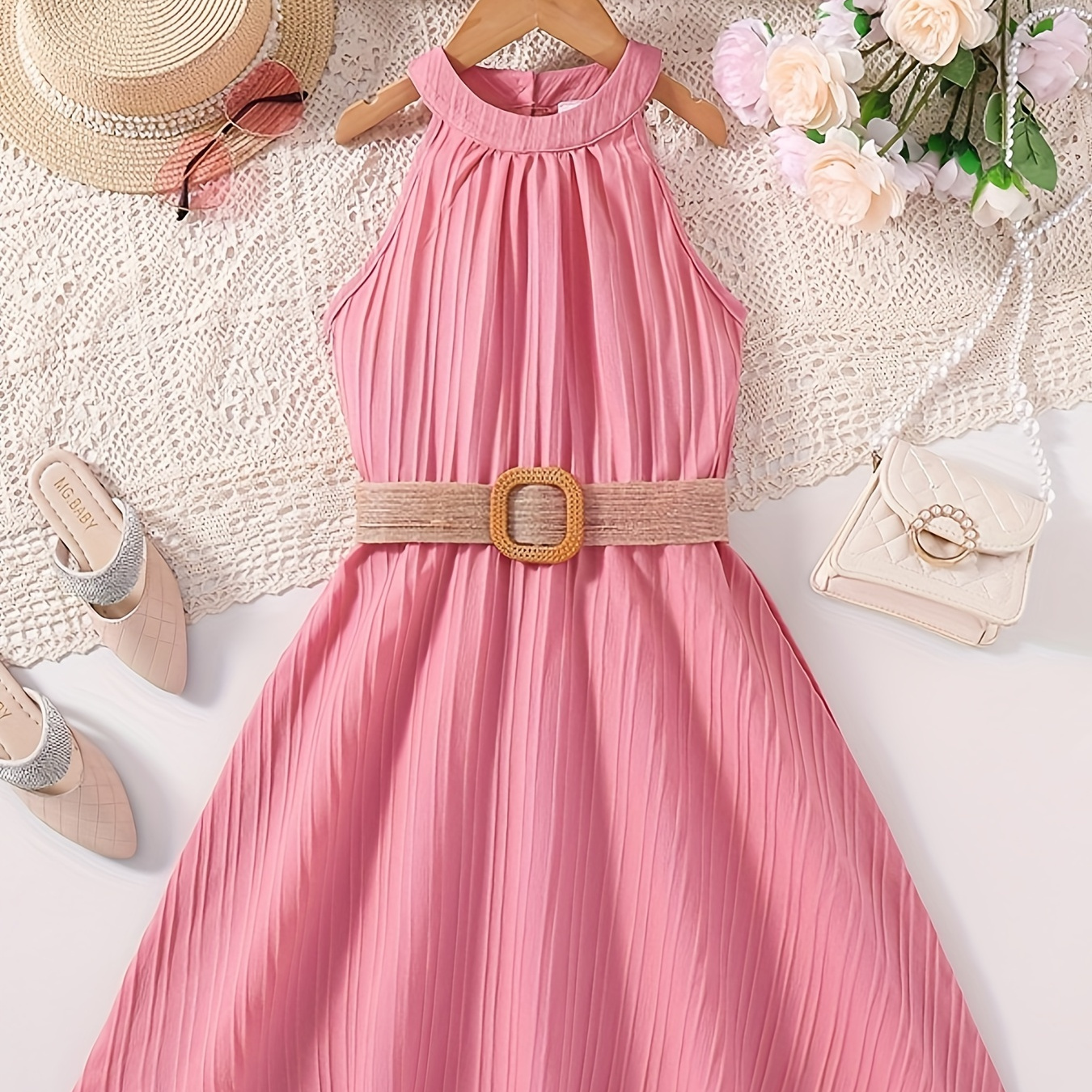 

Elegant Solid Halter Neck Sleeveless Dress For Girls, Party Vacation Casual Dresses For Summer