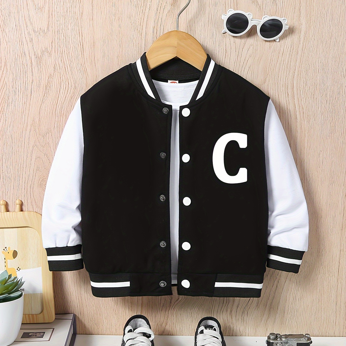 

Letter C Print Varsity Jacket For Kids, Casual Bomber Jacket, Button Front Long Sleeve Coat, Boy's Clothes For Spring Fall Outdoor