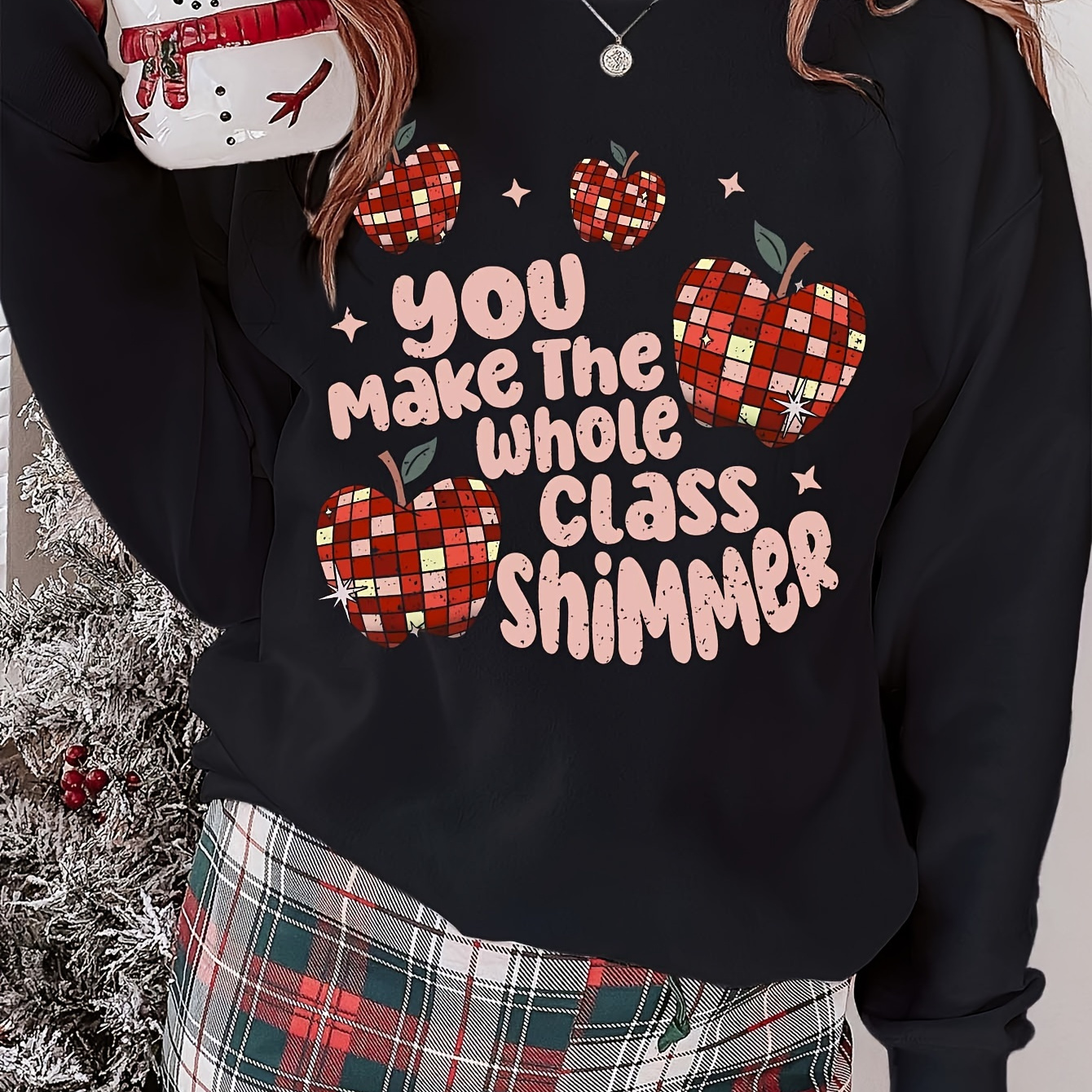 

[casual Fit] Women's Cozy Teacher-themed Sweatshirt - "you Make The Whole Class Shimmer" Print, Round Neck, Polyester - Fall & Winter, Machine Washable, Teacher Shirts Plus Size