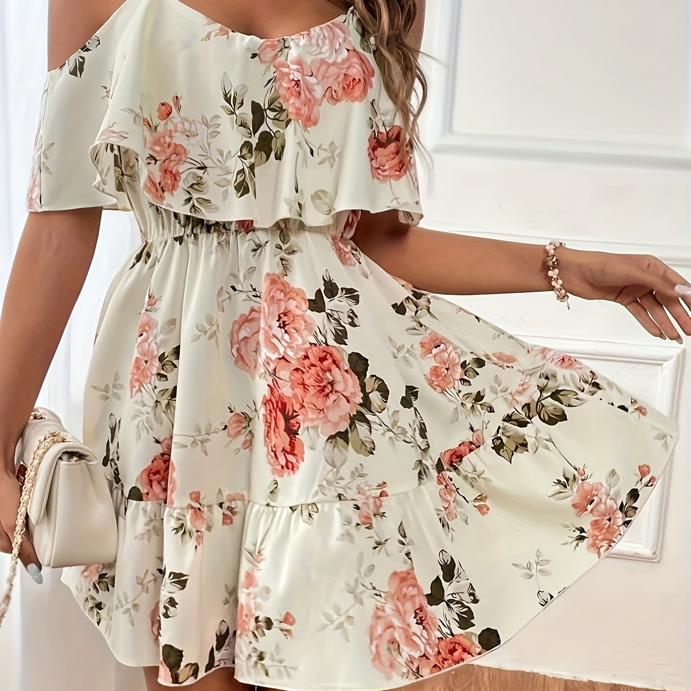 

Floral Print Cold Shoulder Dress, Elegant Aline Layered Ruffle Hem Dress For Spring & Summer, Women's Clothing