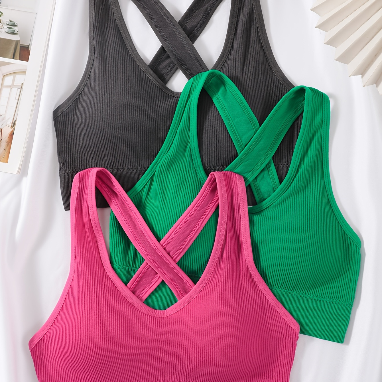 

3-pack Women's Sexy -back Sports Bras, Solid Color Polyamide Knit Camisole With Built-in Pads, Adult Stretch Fabric Tank Tops