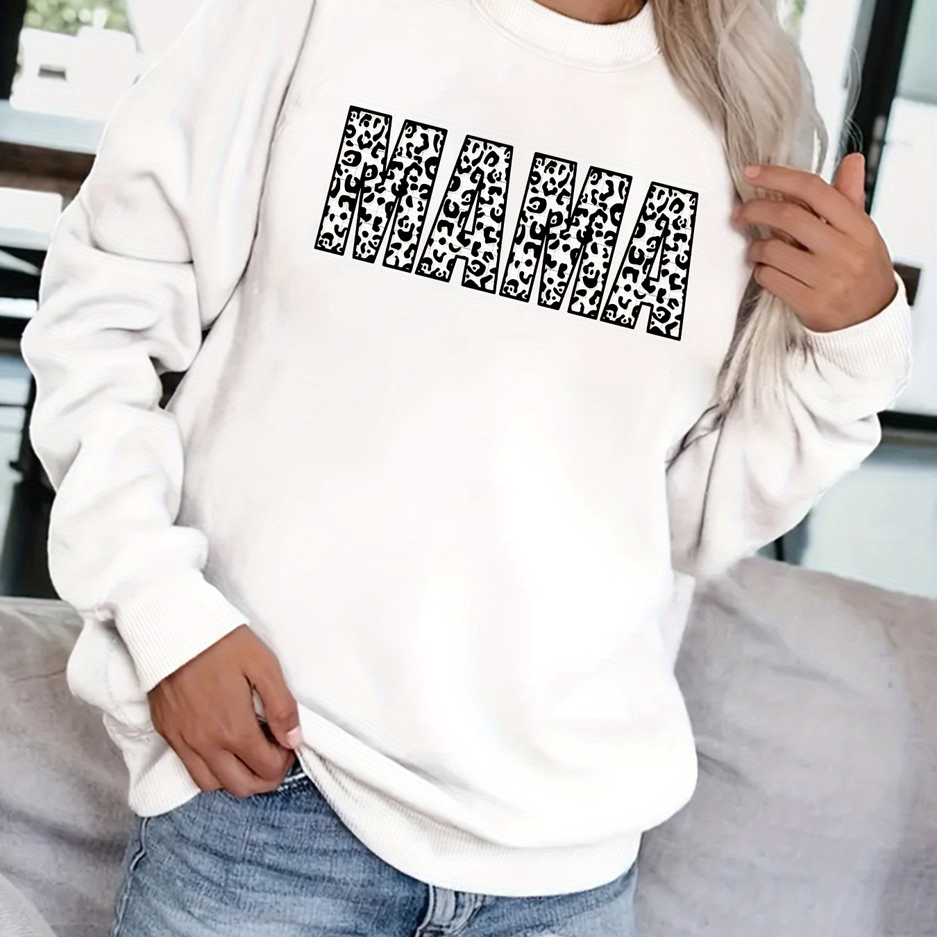 

Leopard Mama Letter Print Sweatshirt, Casual Long Sleeve Crew Neck Sweatshirt, Women's Clothing