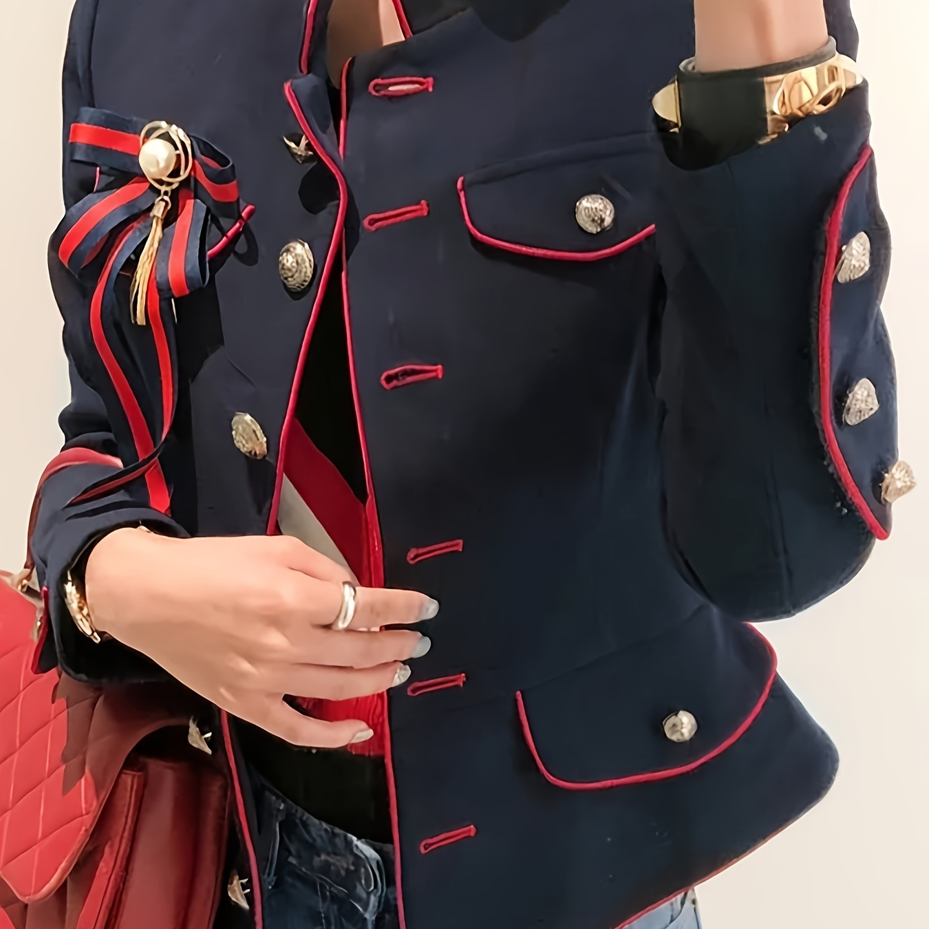 

Women's English Jacket 2024 New Long Sleeve Fashion Button Stand Collar Casual Office Coat