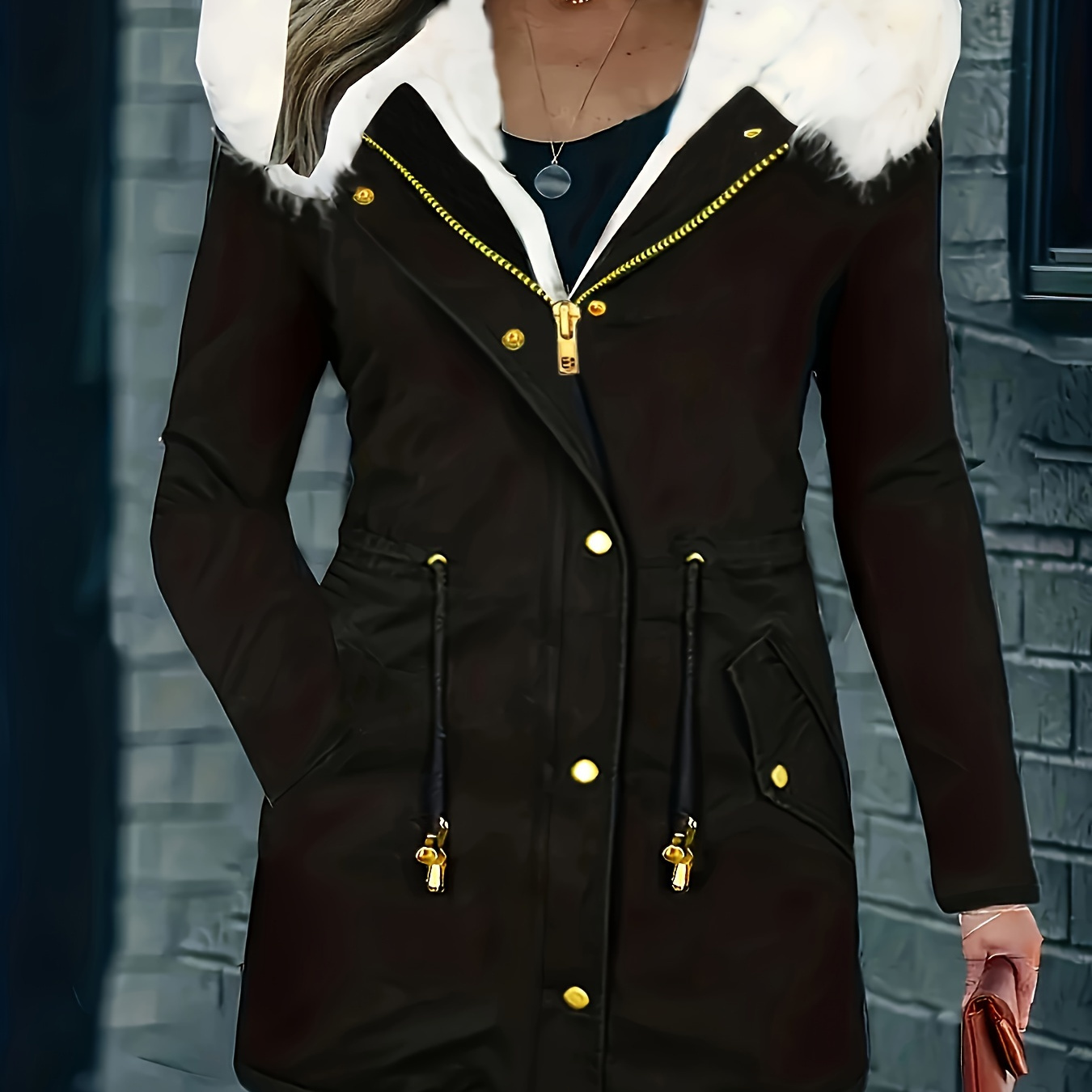 

Women's Fur Hooded Parka With Drawstring - Casual Zip-up Coat With Front Pockets, Button Detail, Warm & Stylish For All