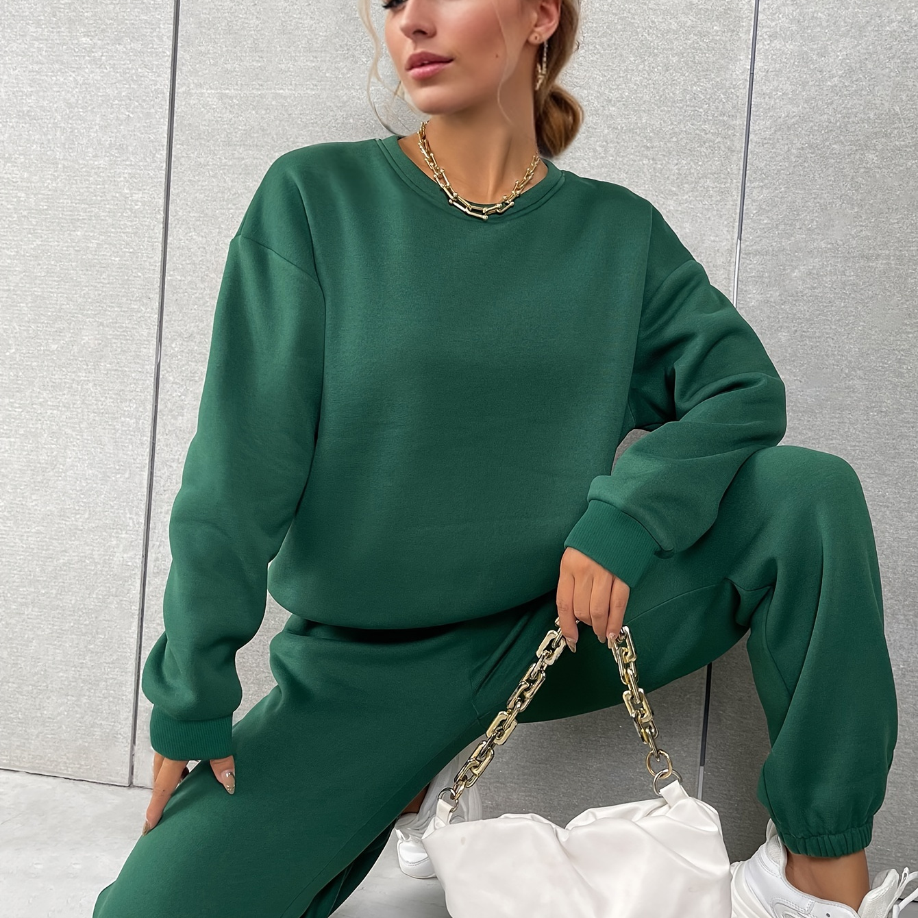 

Solid Casual Two-piece Set, Crew Neck Long Sleeve Sweatshirt & Workout Jogger Pants Outfits, Women's Clothing