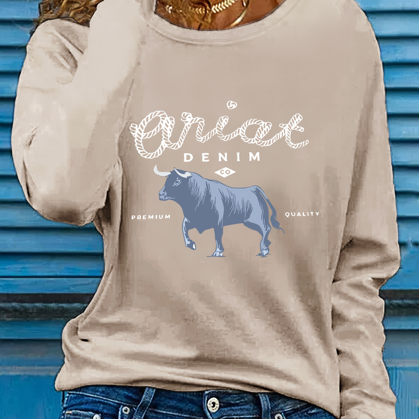 

Premium Denim Long Sleeve T-shirt - With Lettering And Bull Graphic