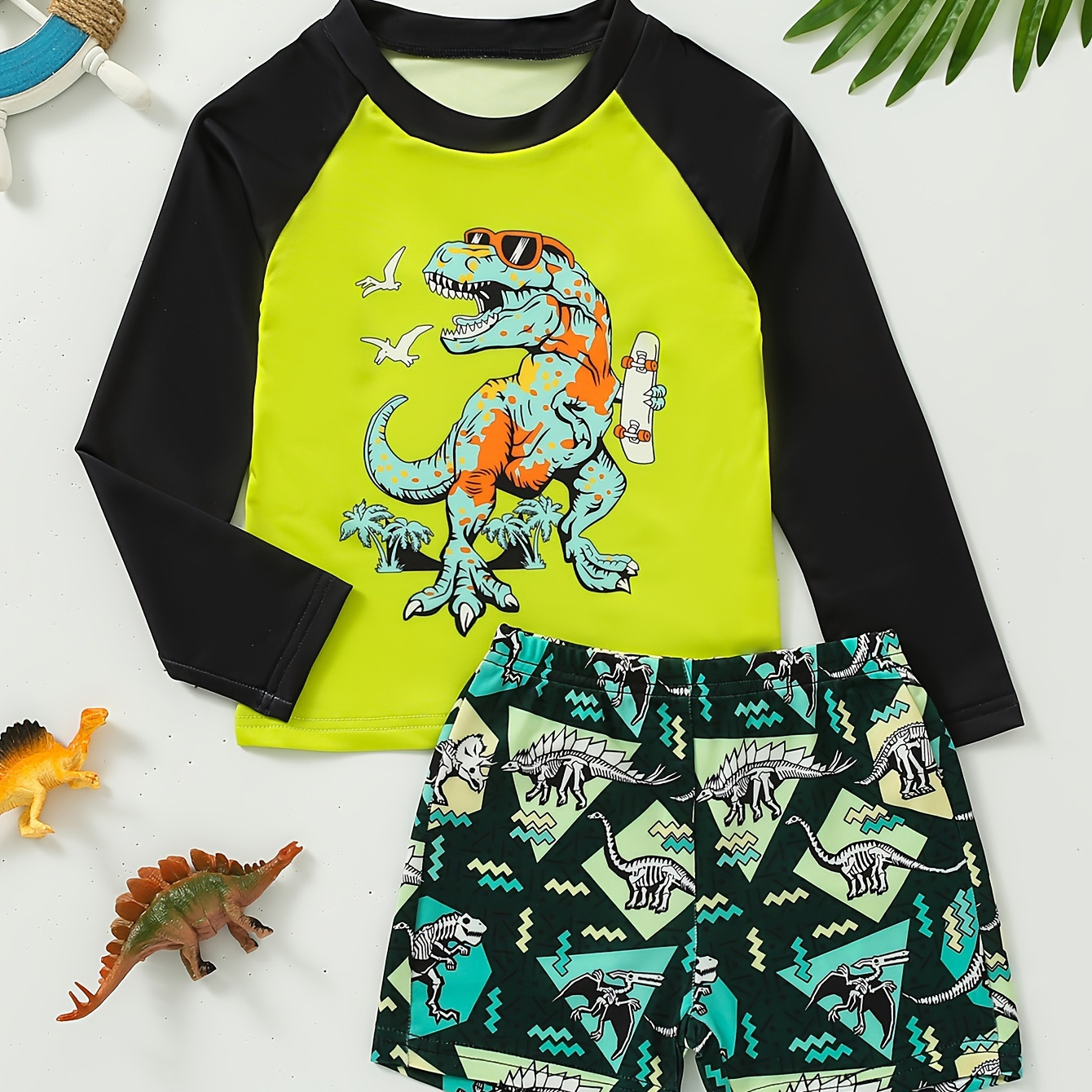 

2pcs Cool Dinosaur With Sunglasses Pattern Swimsuit For Boys, T-shirt & Swim Trunks Set, Stretchy Surfing Suit, Boys Swimwear For Summer Beach Vacation