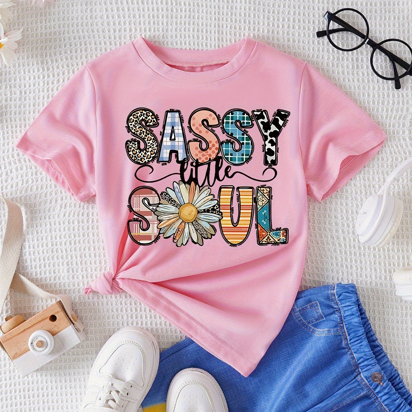 

Sassy Little Soul Print T-shirt, Versatile Short Sleeve Tees For Girls Summer Party Gift Holiday