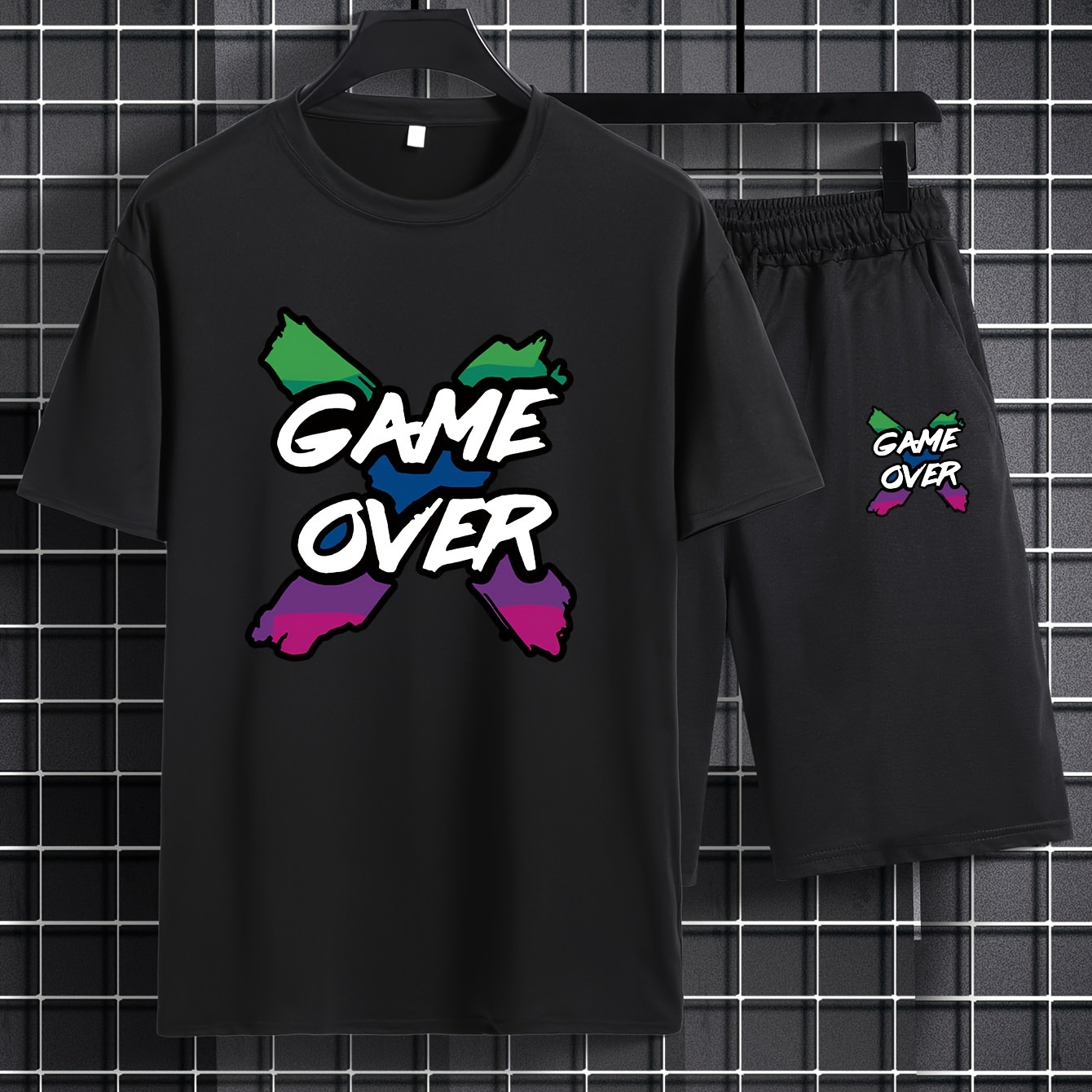 

game Over" Graphic Print, 2pcs Trendy Outfits For Men, Men’s Casual Crew Neck Short Sleeve T-shirt And Drawstring Shorts Set For Summer, Men's Clothing For Vacation And Workout