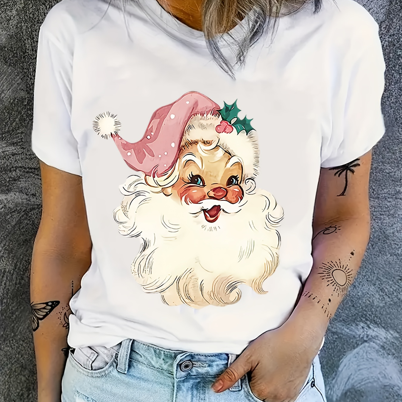 

Women's Christmas Santa Print T-shirt, Short Sleeve Round Neck Casual Top, Summer & Spring Fashion, Polyester Knit Fabric, Regular Length, Festive Holiday Tee