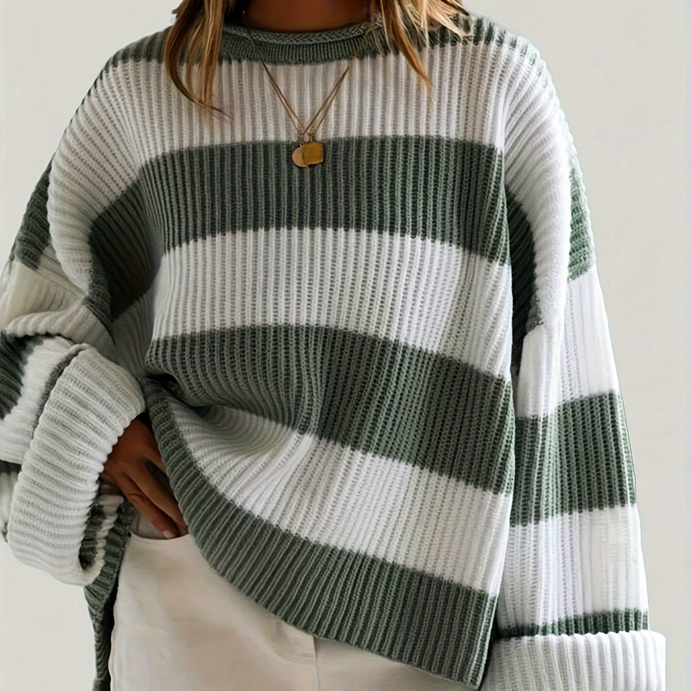 

Women's Striped Crew Neck Pullover Sweater - Casual Long Sleeve Drop Shoulder Rib-knit Acrylic Top With Slight Stretch - Fashionable Loose Fit Knitwear For All