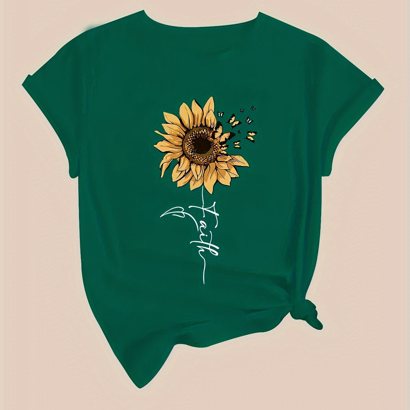 

Women's Casual Sunflower Print T-shirt - Polyester Knit Fabric, Round Neck, Short Sleeve, All-season Comfort