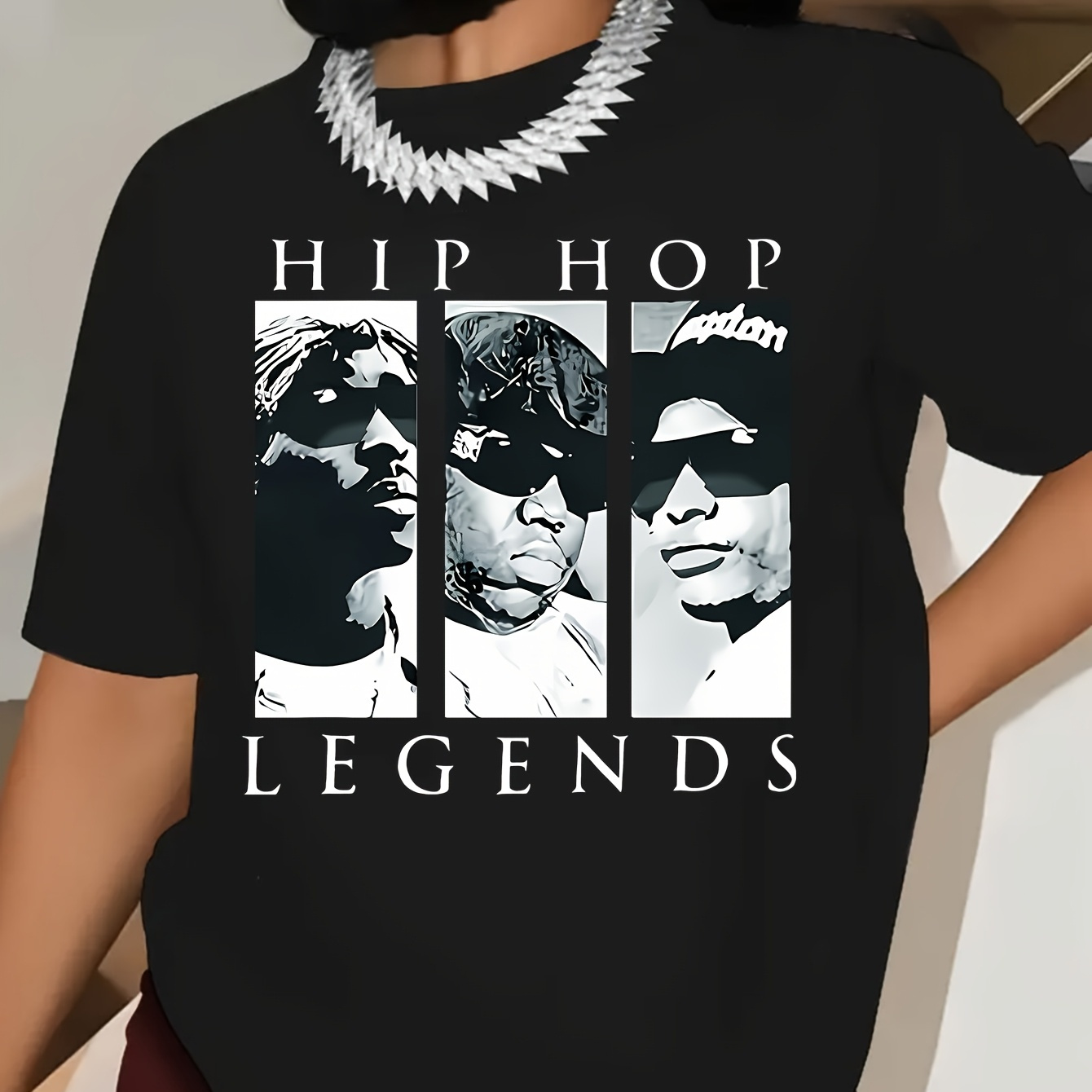 

T-shirt imprimé des légendes du hip-hop, col rond décontracté, tissu tricoté en polyester, longueur régulière, avec motif , pour toutes les .