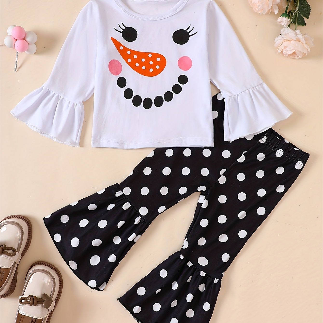 

Girl's Snowman Print Outfit 2pcs, Long Sleeve Top & Polka Dots Pattern Flared Pants Set, Kid's Clothes For Spring Fall