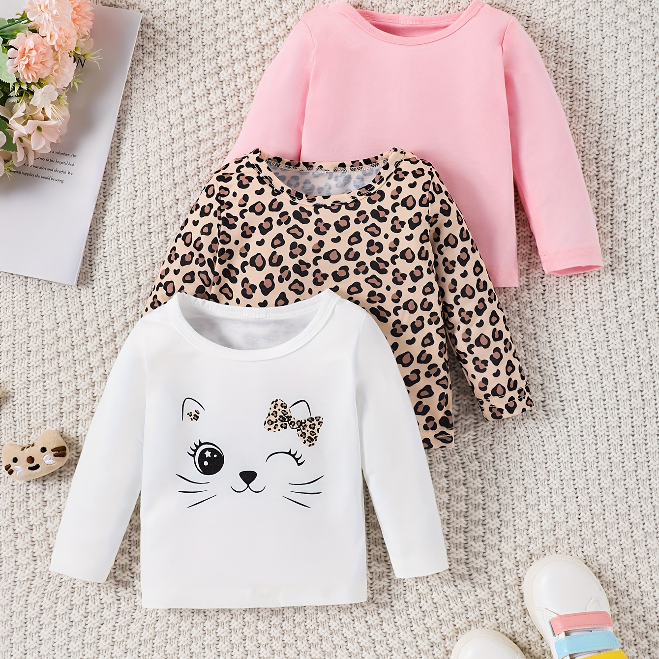 

Baby Girls' Fashion Tops, Long Sleeve Round Neck Casual Leopard Print + Cute Cartoon Cat Pattern + Solid Color Tops Three-piece Set