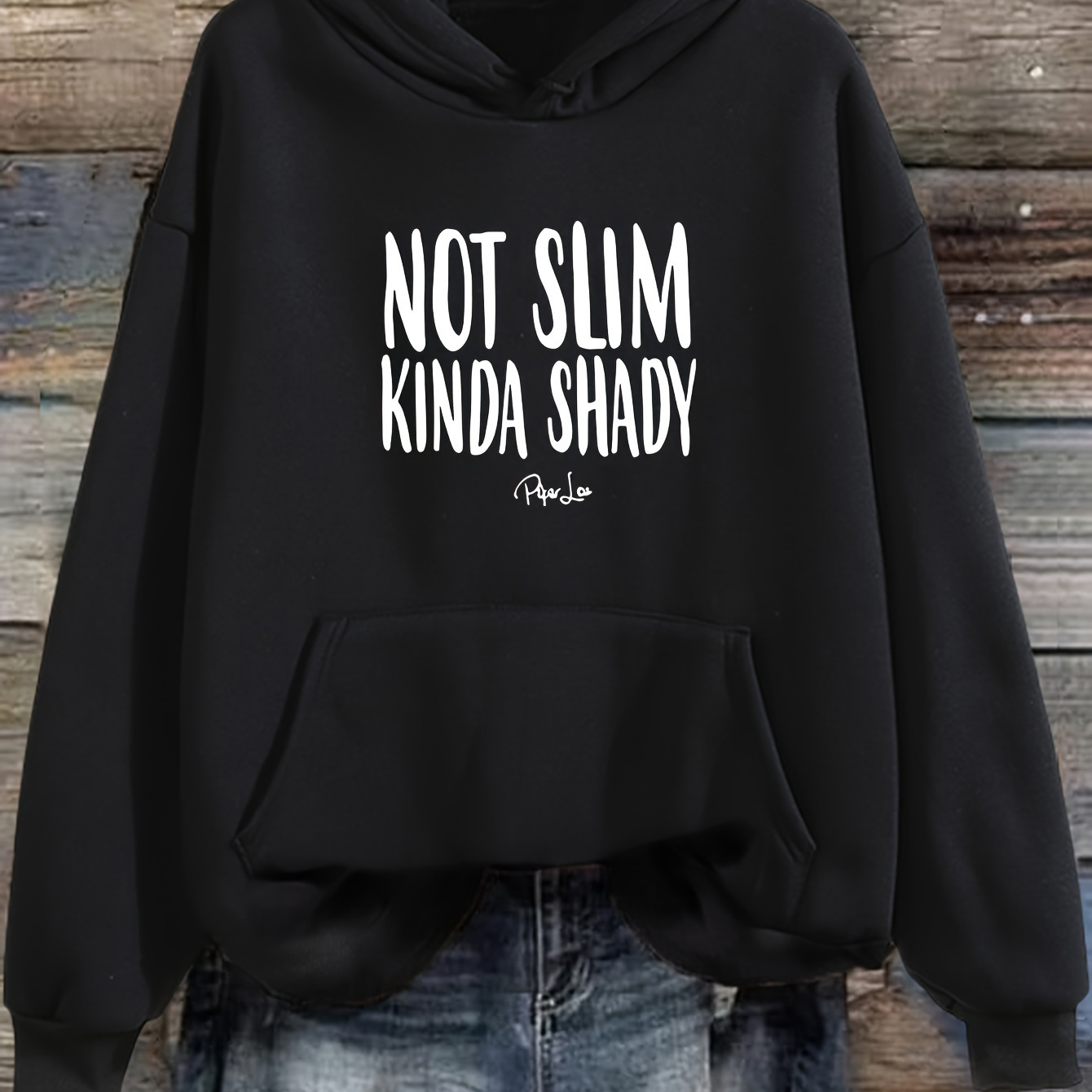 

Not Slim Print Kangaroo Pocket Hoodie, Casual Long Sleeve Drawstring Hooded Sweatshirt, Women's Clothing