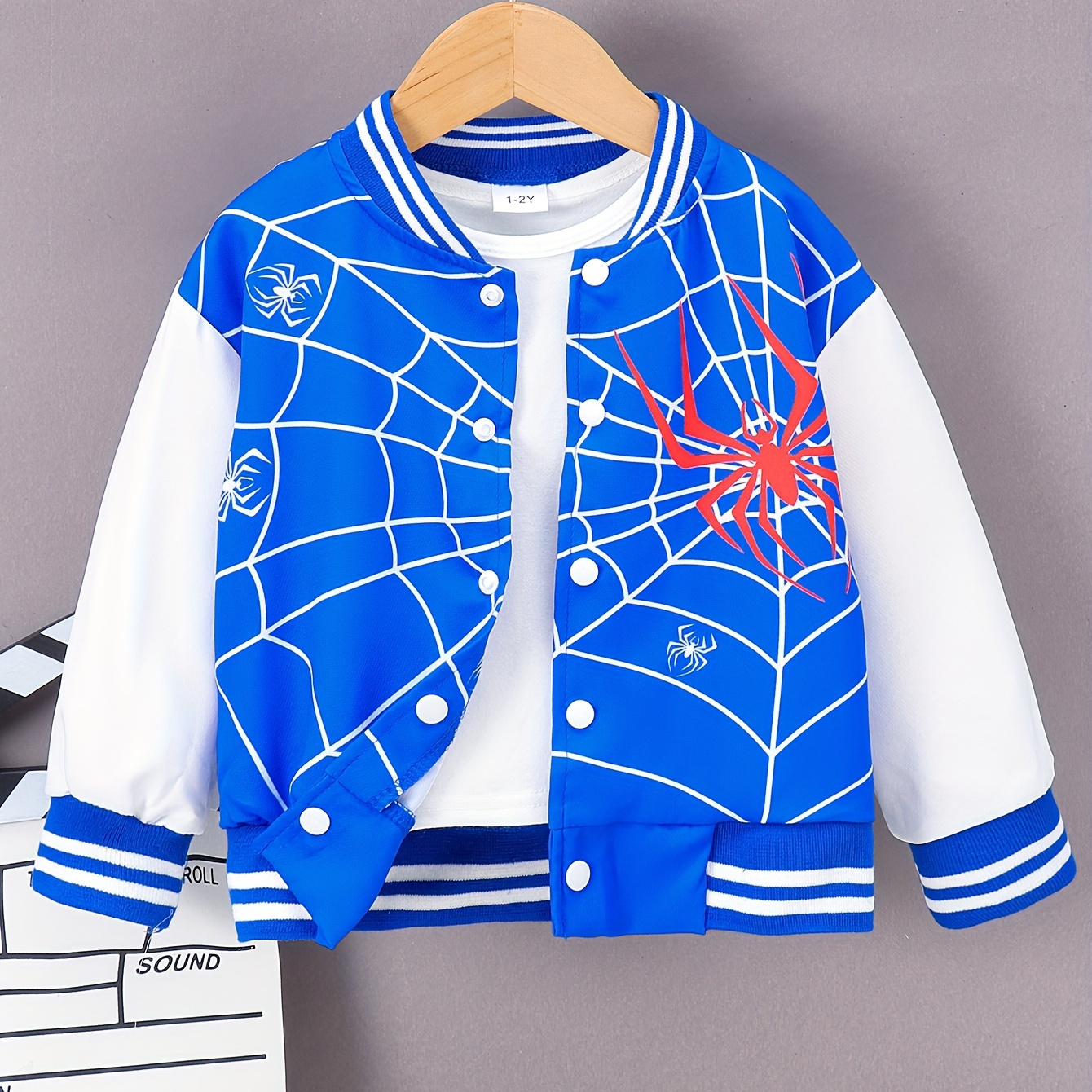 

Boys Casual Colorblock Long Sleeve Spider Print Drop Shoulder Varsity Baseball Jacket Without Hoodie