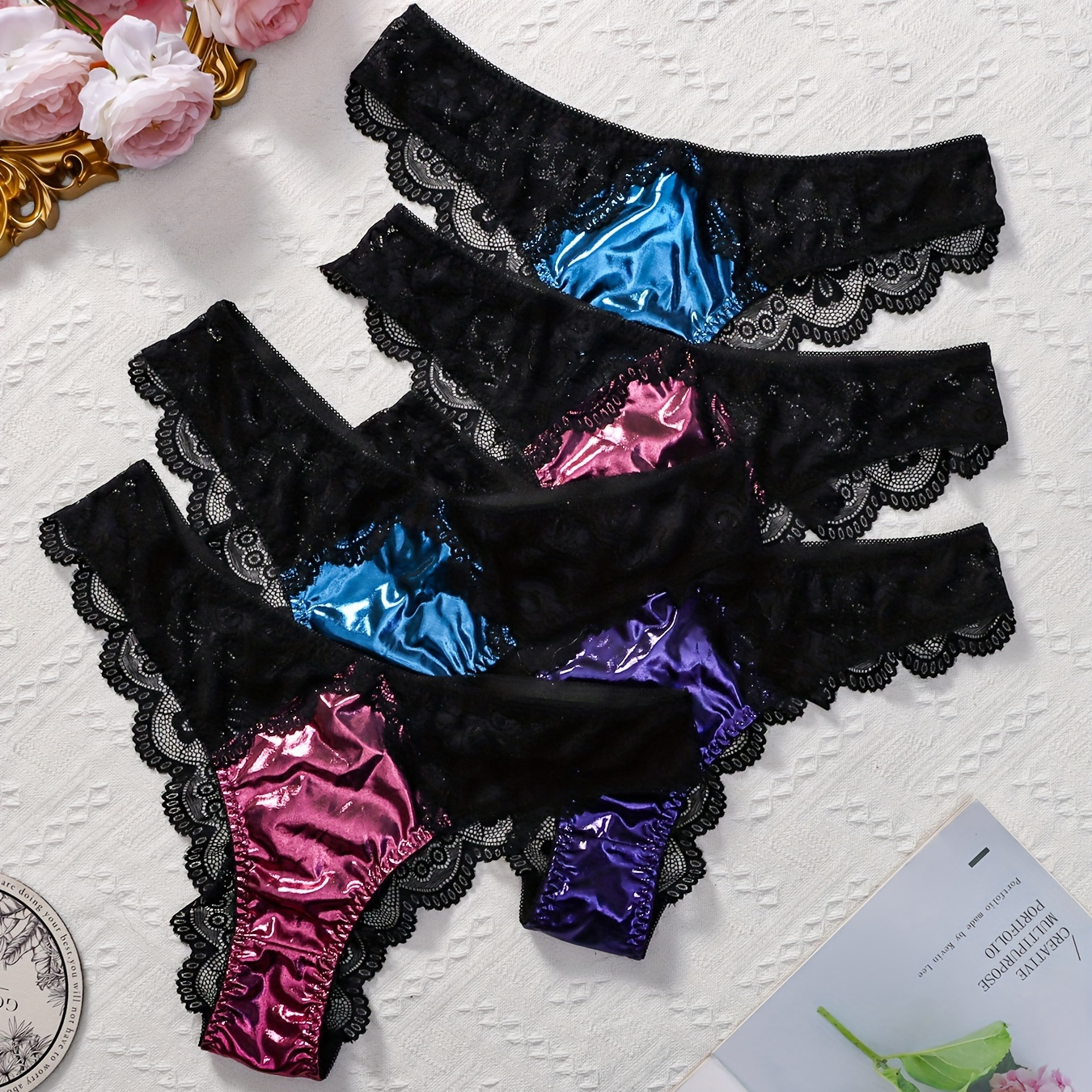 

5pcs Plus Size Sexy Panties, Femmes Brillant Métallique Dentelle Festonné Garniture Slips