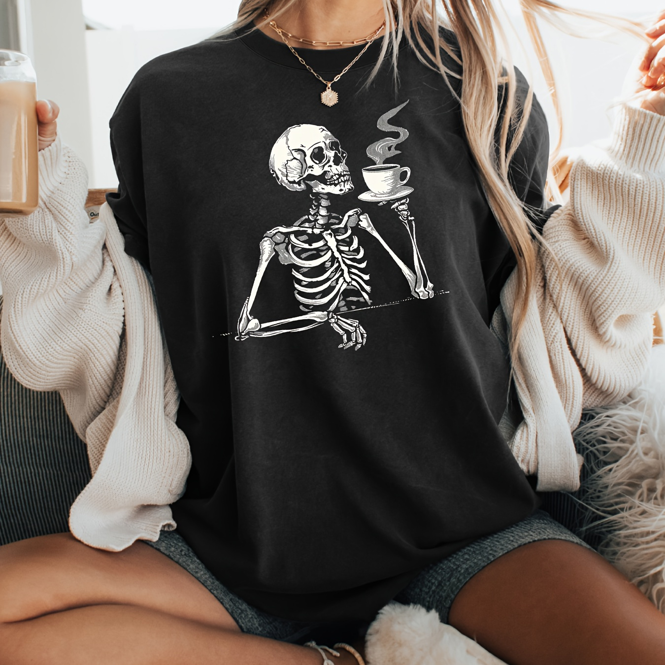 

Skeleton Print T-shirt, Short Sleeve Crew Neck Casual Top For Summer & Spring, Women's Clothing