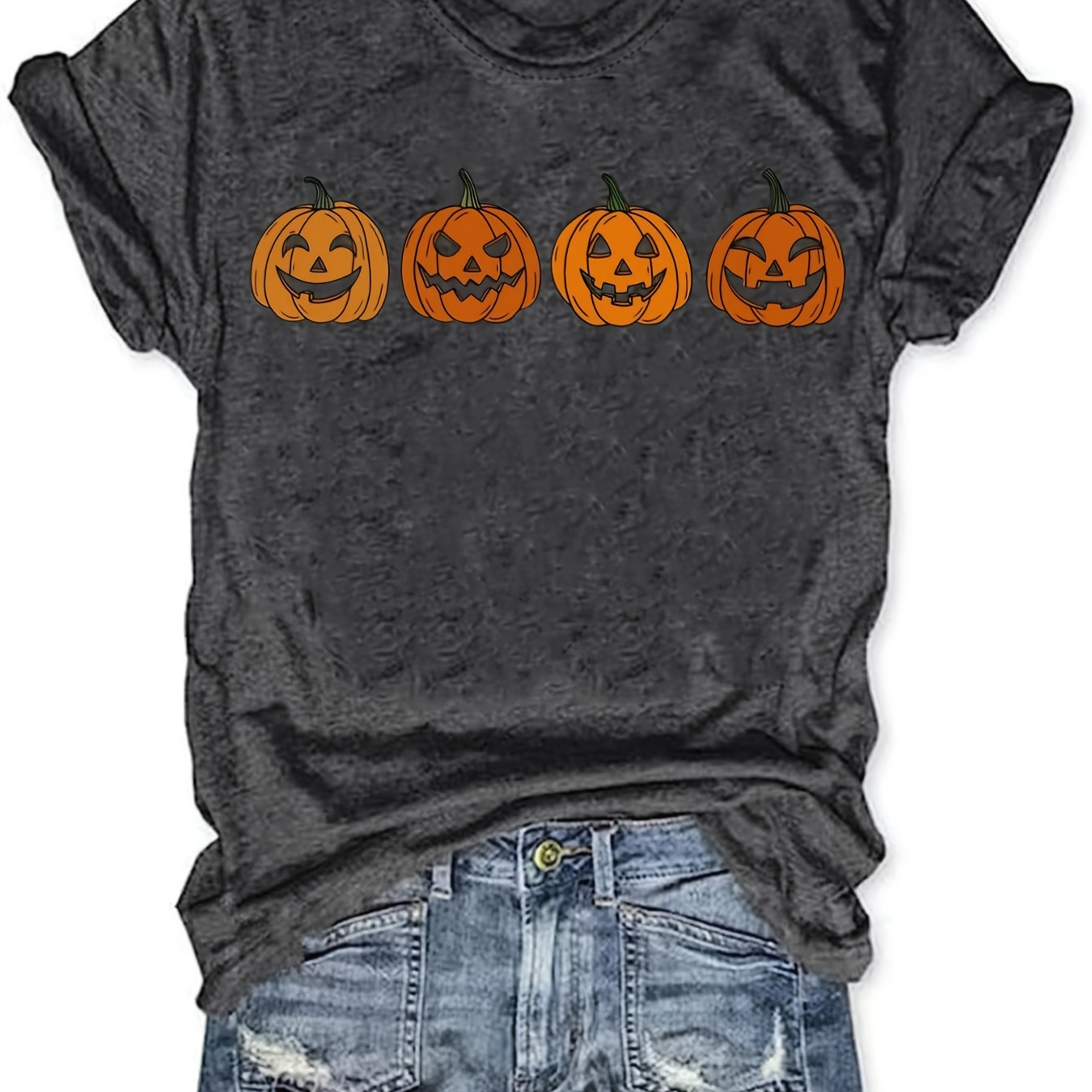 

Halloween Pumpkin Print T-shirt, Casual Crew Neck Short Sleeve T-shirt, Women's Clothing