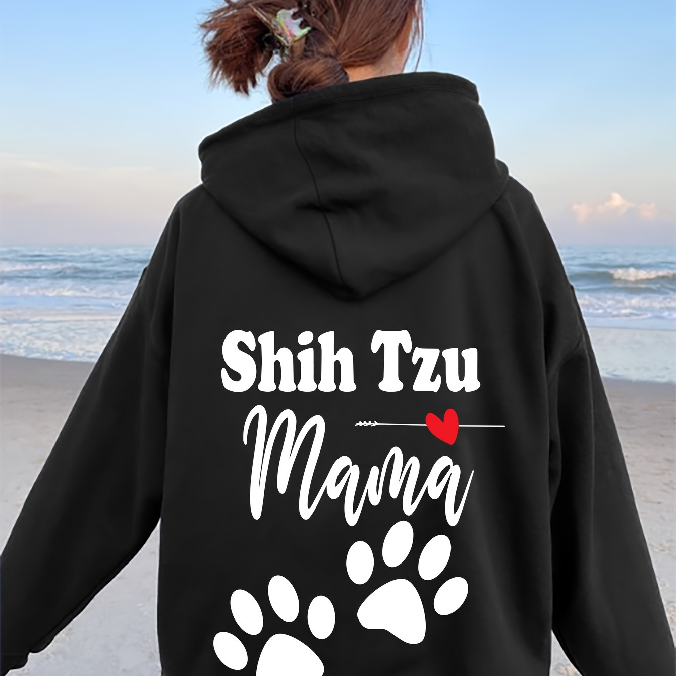 

Shih Tzu Mama Graphic Hoodie – Casual Polyester Knit Fabric Pullover With Hood, Long Sleeve, Front Pocket – Fall/winter Alphabet Pattern Hooded Sweatshirt For Dog Lovers