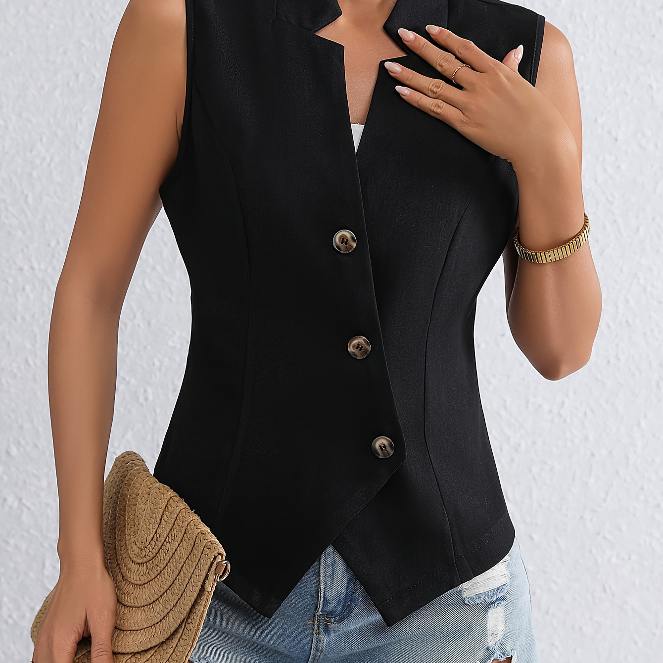 

1pc Elegant Women's Slim Fit Vest - Polyester 100%, Solid Color, V-neck Sleeveless Blazer For Spring/fall, Woven Fashion Jacket For Adults