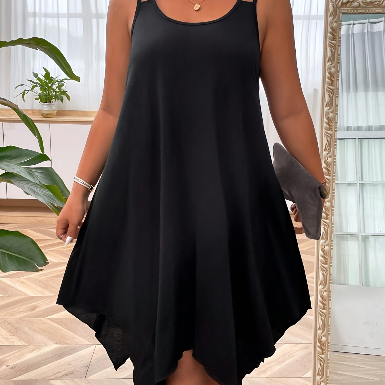 

Plus Size Solid Irregular Hem Cami Dress, Casual Sleeveless Dress For Spring & Summer, Women's Plus Size Clothing