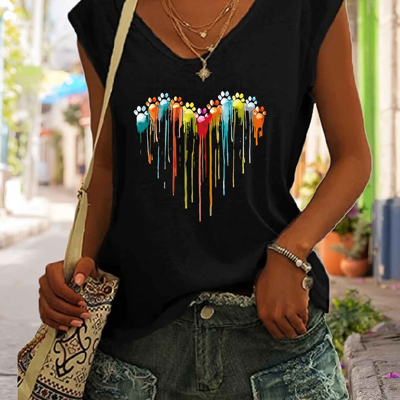

Plus Size Paw Print V Neck T-shirt, Cap Sleeve Casual Top For Spring & Summer, Women's Plus Size Clothing