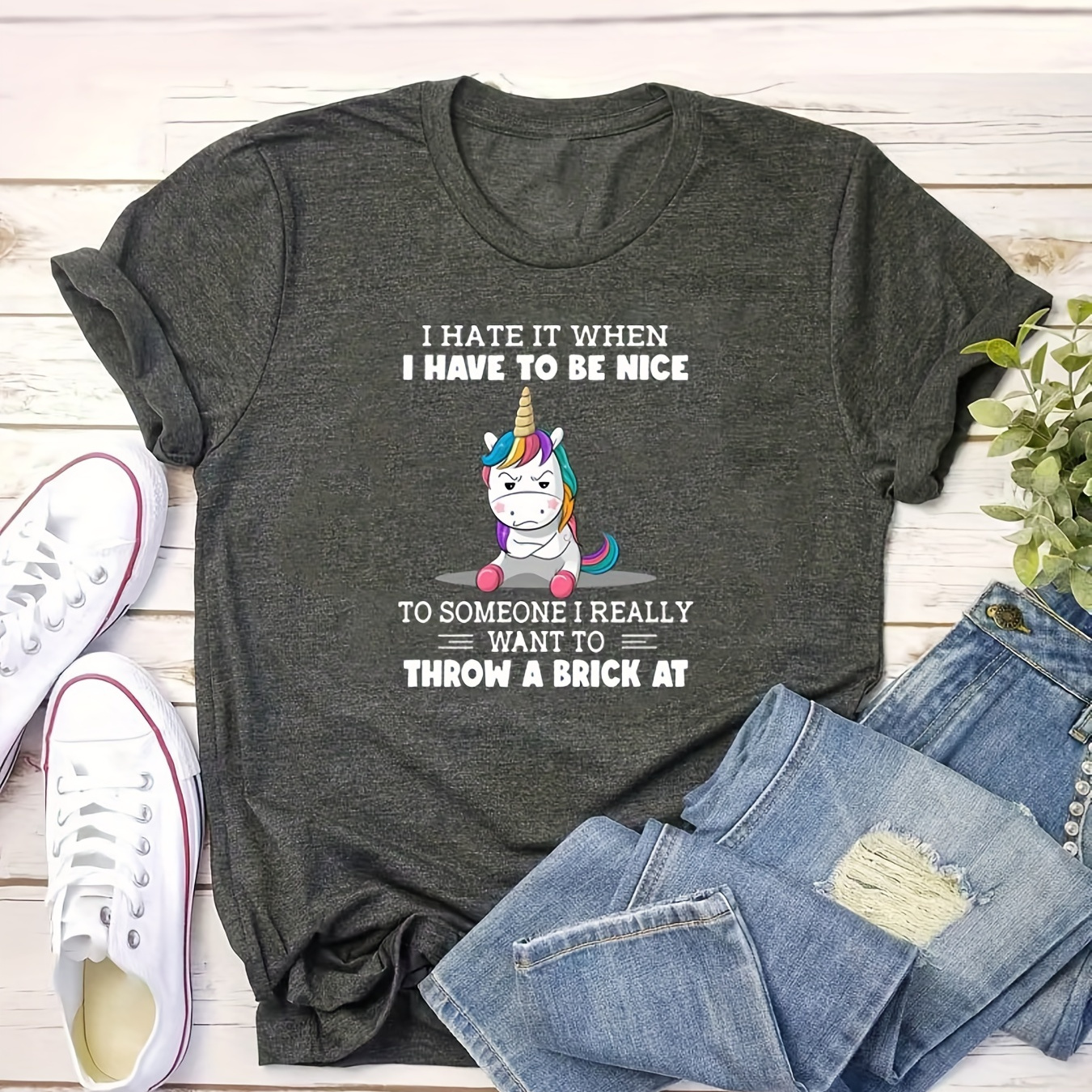 

Cartoon Unicorn Print T-shirt, Short Sleeve Crew Neck Casual Top For Summer & Spring, Women's Clothing