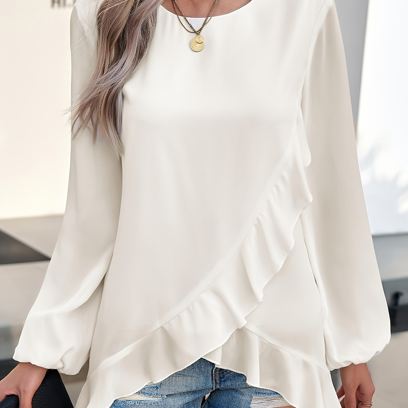 

Solid Color Crew Neck Blouse, Casual Long Sleeve Lettuce Trim Blouse For Spring & Fall, Women's Clothing