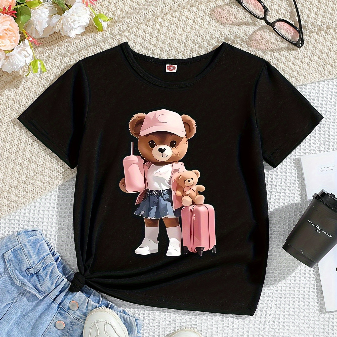 

Cartoon Travel Bear Print, Girls' Soft & Elastic Comfy Crew Neck Short Sleeve T-shirt For Summer