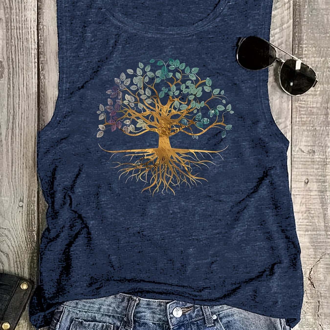 

Chic Tree Graphic Top For Women - Casual Sleeveless Crew Neck, Soft Polyester , Machine Washable