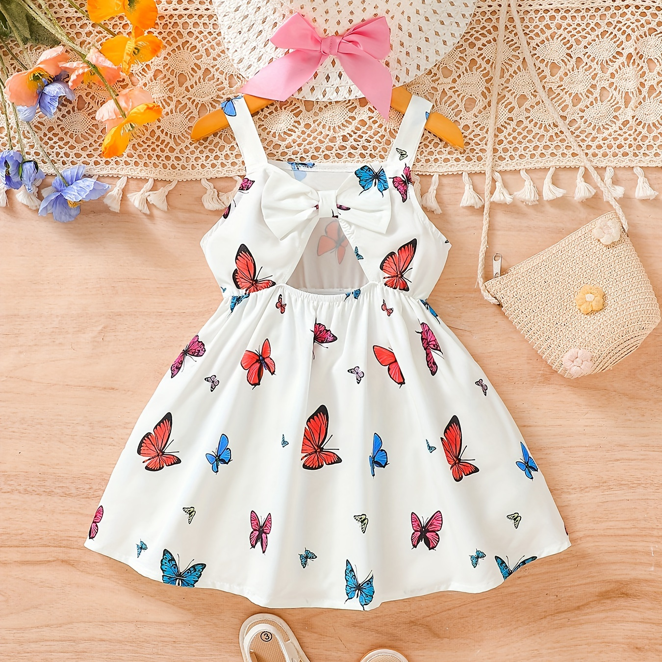 

Baby's Lovely Cartoon Colorful Butterfly Pattern Bowknot Decor Sleeveless Dress, Infant & Toddler Girl's Clothing For Summer