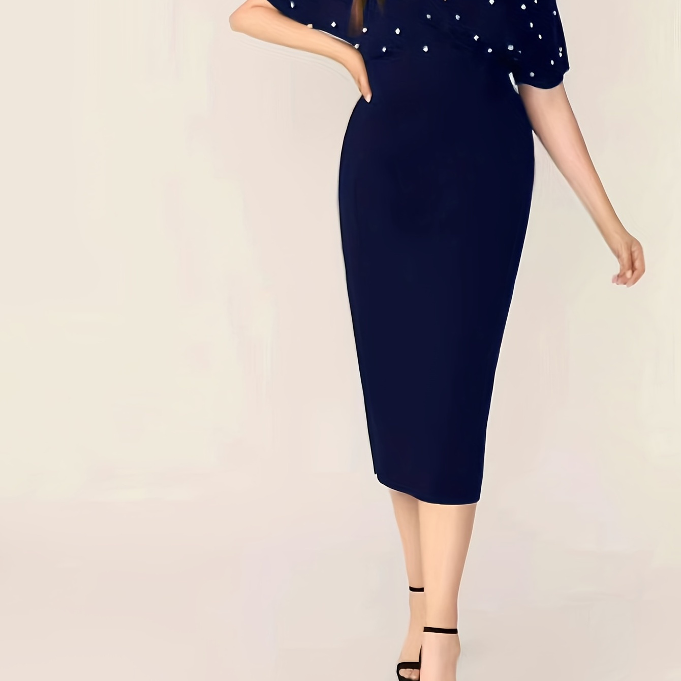

Solid Split Dress, Elegant Beaded Short Sleeve Midi Dress, Women's Clothing