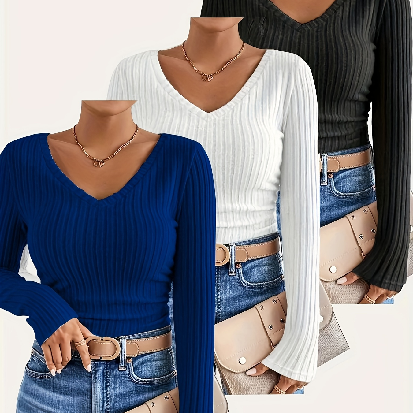 

3pcs Set Of New Women's Autumn And Winter Solid Color V-neck Long Sleeve T-shirts For Women