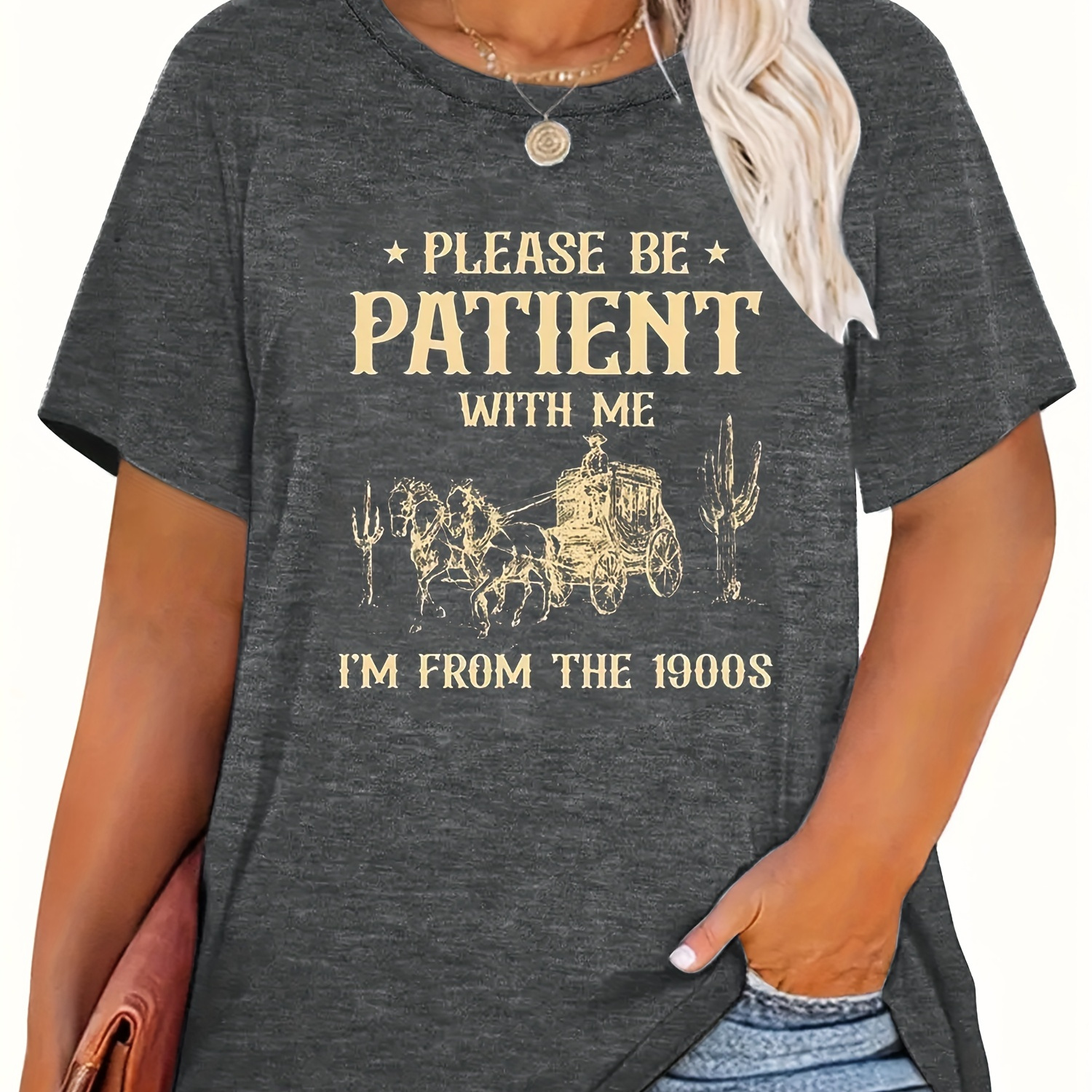 

Plus Size Please Be Patient With Me Print T-shirt, Casual Short Sleeve Crew Neck Top For Summer & Spring, Women's Plus Size Clothing