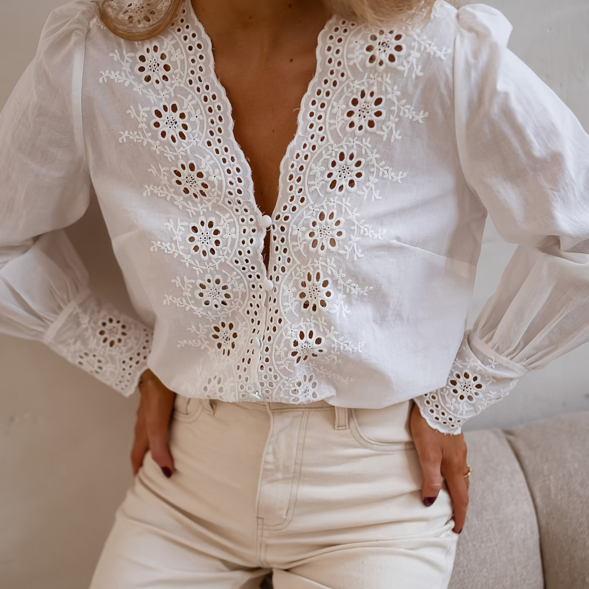 

Women's Embroidered Lace White Tunic Shirt, Casual Polyester Long Sleeve Blouse With Lantern Sleeves, Regular Fit Spring/summer/fall Top, Hollow Detail, Single Breasted , Woven Fabric 140g/m²