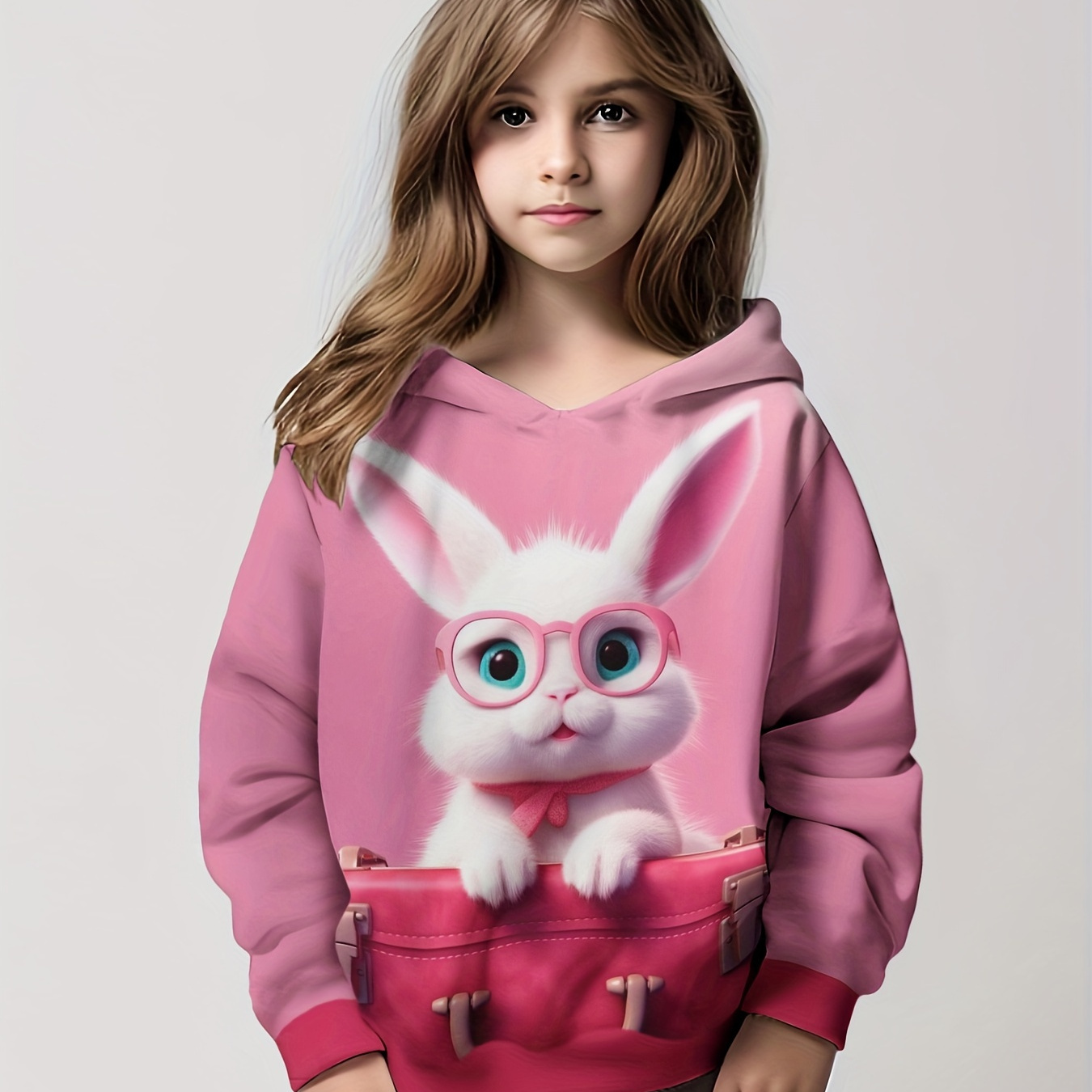 

Sweet Bunny Print Girls Pullover Long Sleeve Trendy Cute Hooded Sweatshirt Tops, Kids Fall/ Winter Clothing Gifts