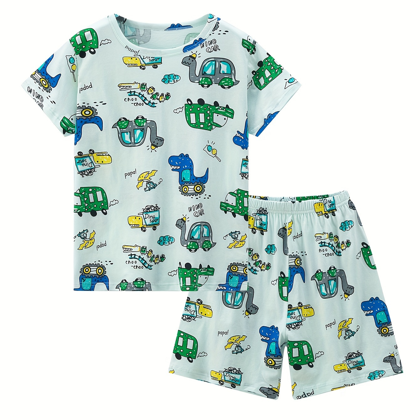 

2pcs Boys Summer Loungewear Set – Thin Style Cartoon Dinosaur Print Short Sleeve Crew Neck Top & Short Set, Cool Pattern Comfy Pj Set, Kids' Cozy Sleepwear Outfit