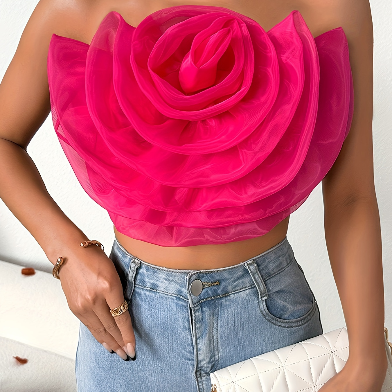 Flower Decor Crop Tube Top, Elegant Sleeveless Tube Top For Summer, Women's Clothing