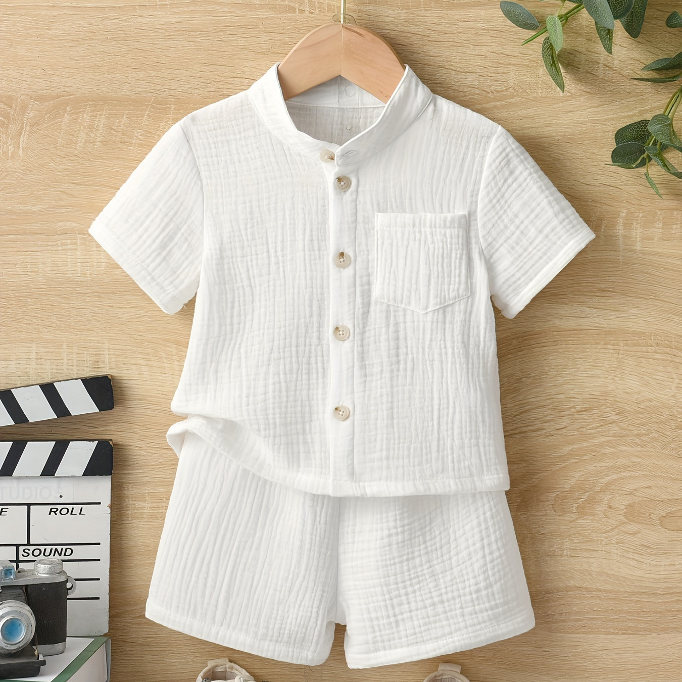 

Baby's Solid Color Cotton Muslin 2pcs Summer Casual Outfit, Short Sleeve Shirt & Shorts Set, Toddler & Infant Boy's Clothes