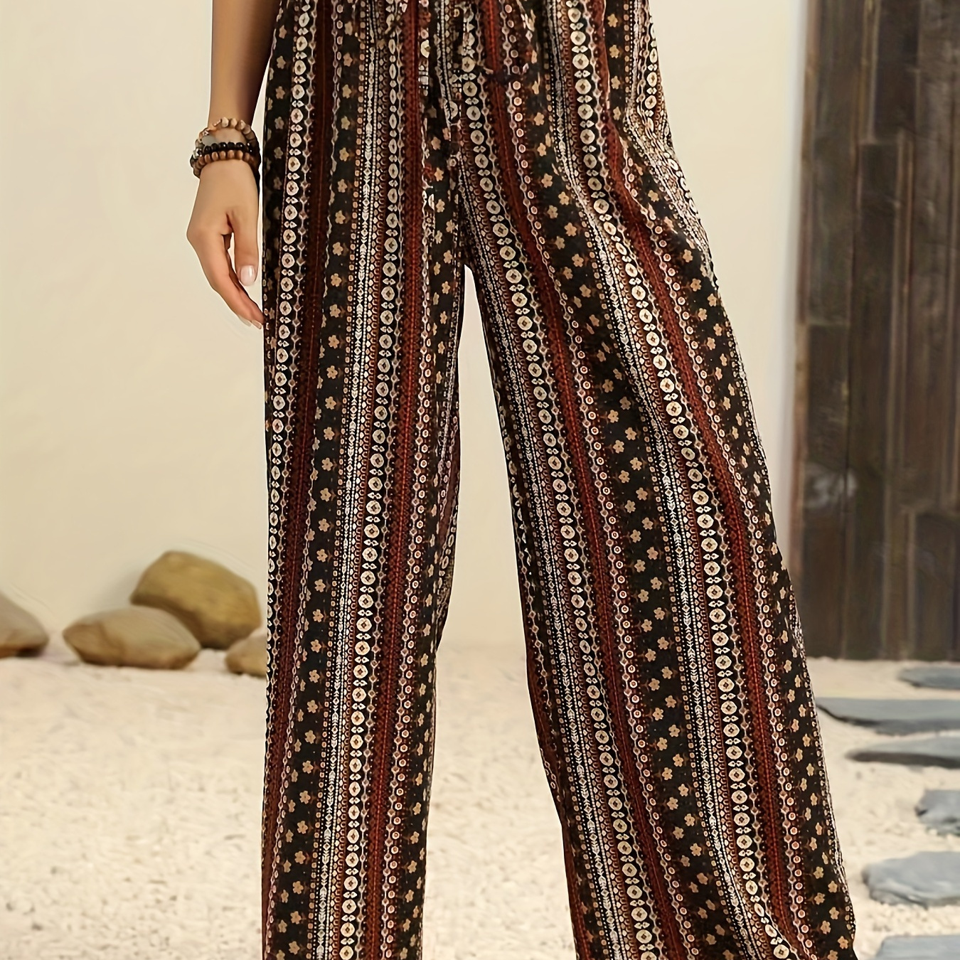 

Bohemian Print High Waist Drawstring Wide Leg Palazzo Pants, Women's Casual Loose-fit Summer Trousers With Elastic Waistband, Comfortable Jogger Style
