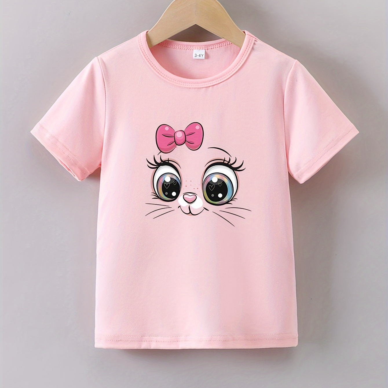 

Girls Cute Cat Print Crew Neck T-shirt Short Sleeve Tee For Summer Outdoor Gift