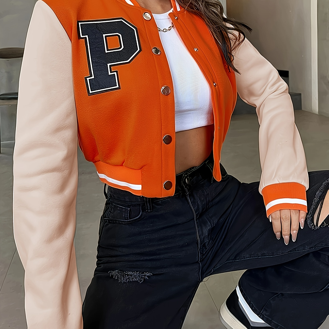 

Letter Pattern Button Bomber Jacket, Casual Long Sleeve Crop Jacket, Women's Clothing